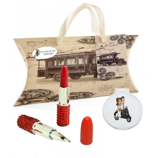 Espejo Con Adhesivo Y Bolígrafo Pintalabios Rojo En Caja Personalizada Con Adhesivo Novios Moto